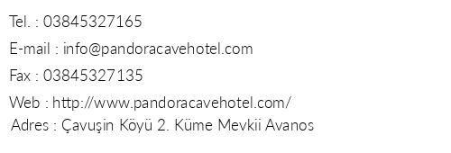 Pandora Cave Hotel telefon numaralar, faks, e-mail, posta adresi ve iletiim bilgileri